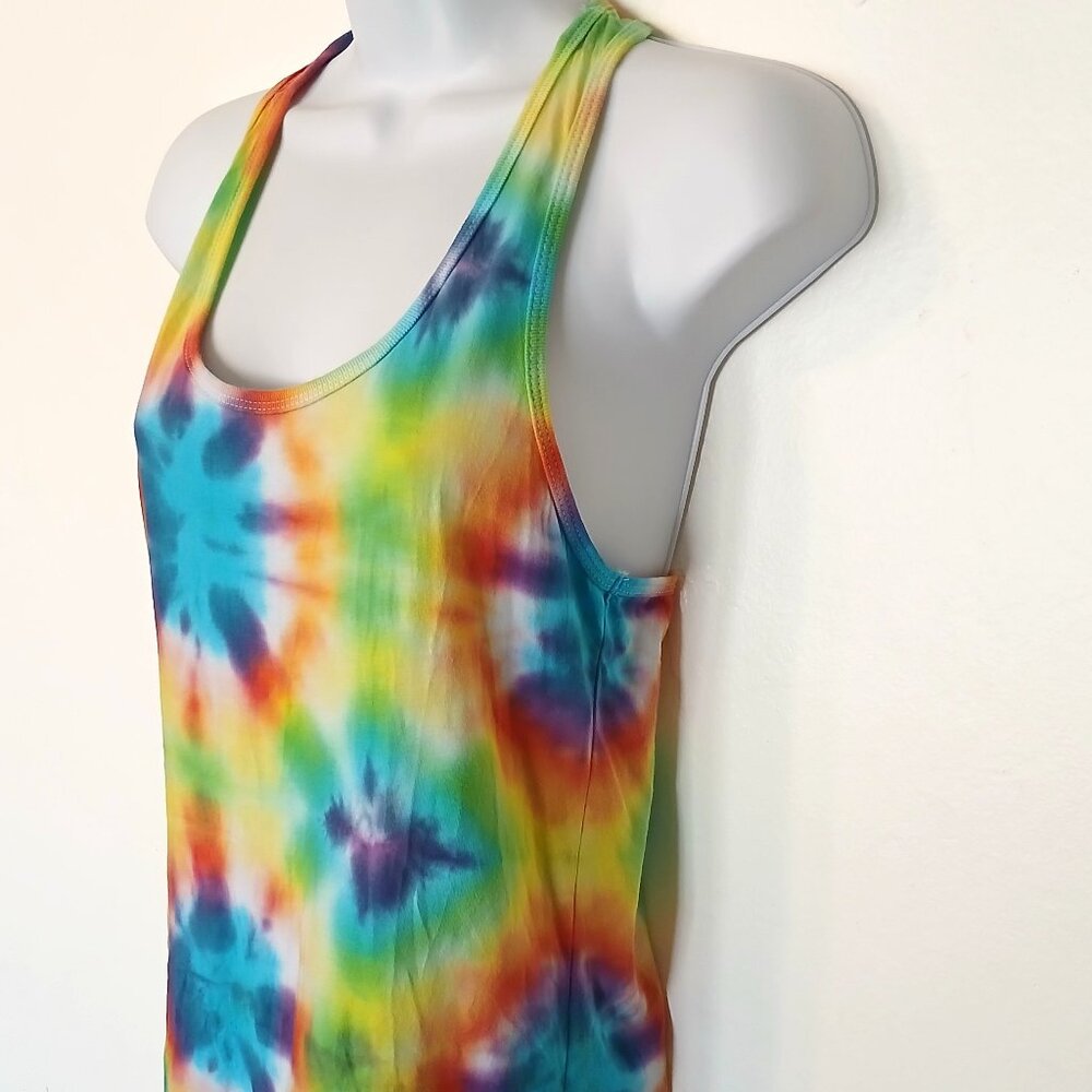 Rainbow Tie Dye Racerback Tank Top With Pretty Colorburst Pattern Women's Small